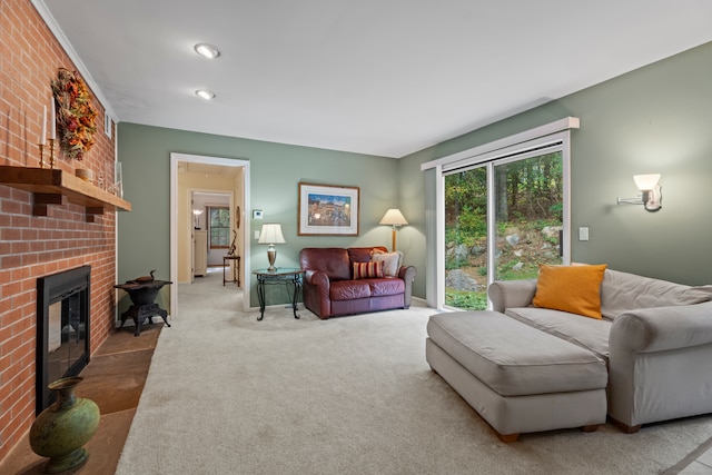 carpeted living room with a fireplace