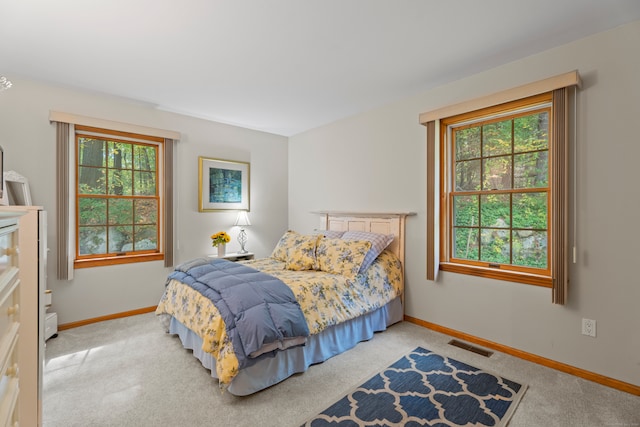 bedroom with multiple windows and light colored carpet