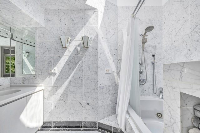 bathroom with vanity and shower / bath combo with shower curtain