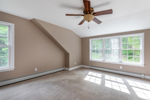 carpeted spare room with plenty of natural light, a baseboard radiator, ceiling fan, and lofted ceiling