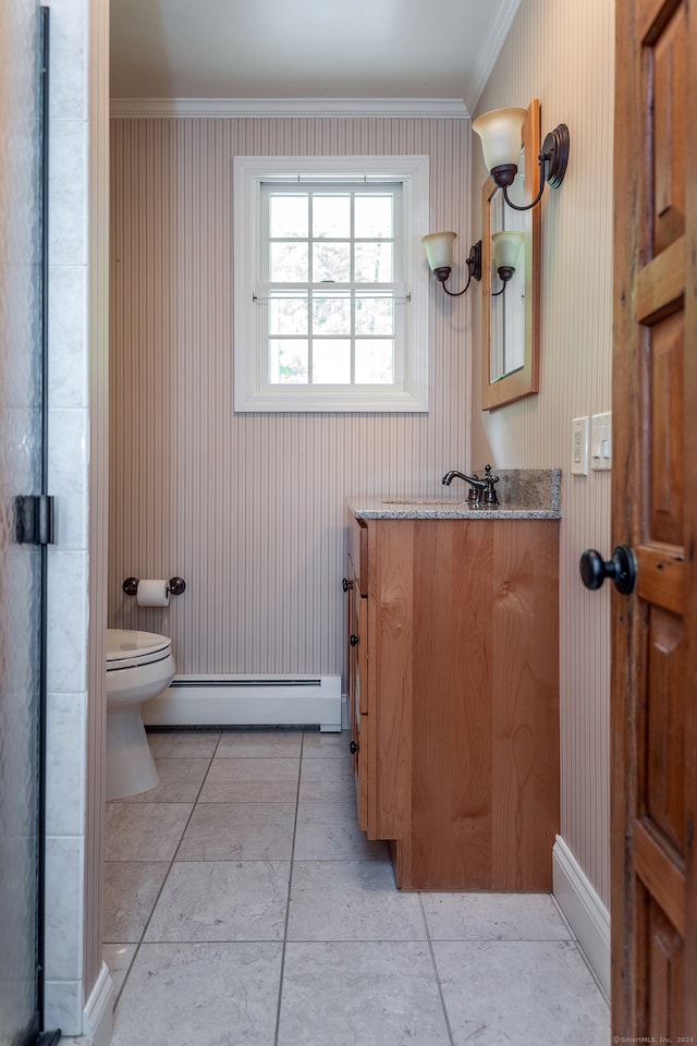 bathroom featuring a baseboard radiator, ornamental molding, tile floors, vanity, and toilet