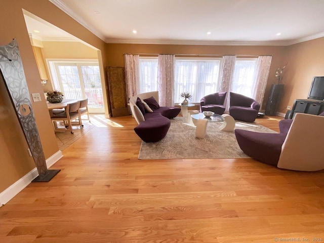 living room with ornamental molding and light hardwood / wood-style floors