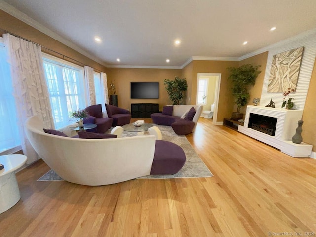 living room with crown molding, a fireplace, and light wood-type flooring