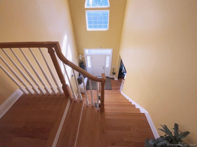 staircase with hardwood / wood-style flooring and a high ceiling