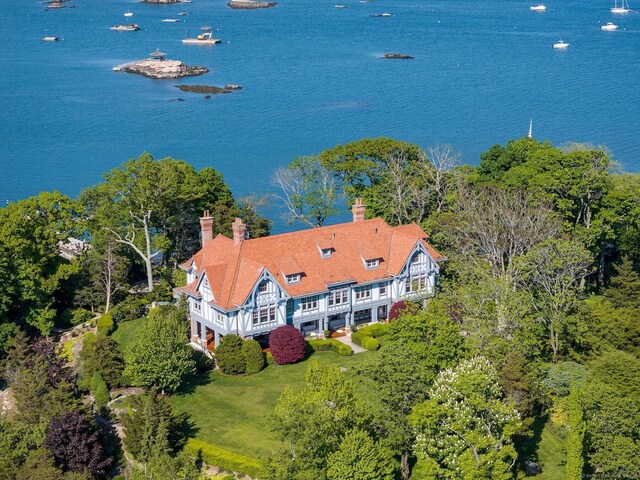 aerial view featuring a water view