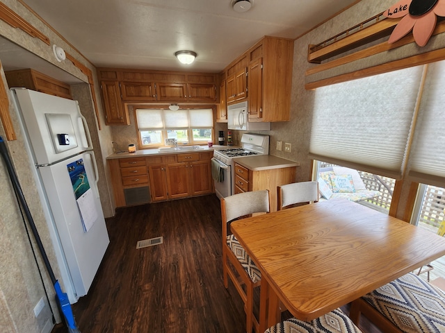 kitchen featuring dark hardwood / wood-style flooring, white appliances, a wealth of natural light, and sink