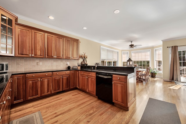 kitchen with backsplash, kitchen peninsula, dishwasher, light wood-type flooring, and crown molding