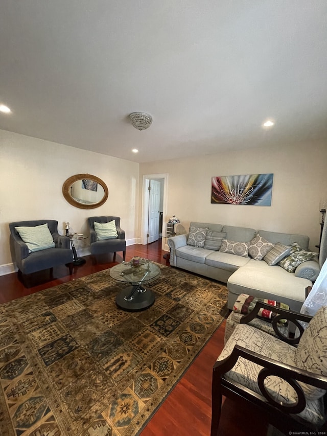 living room with dark hardwood / wood-style flooring