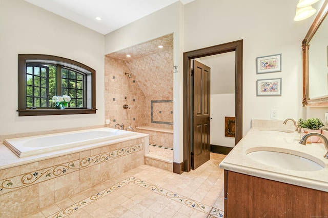 bathroom featuring tile patterned flooring, dual vanity, and independent shower and bath