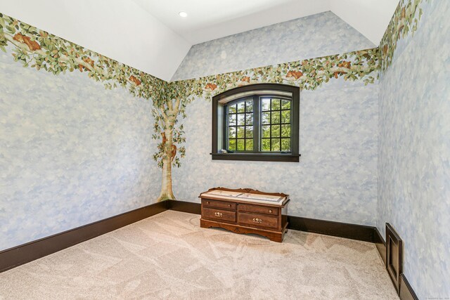 carpeted empty room with lofted ceiling