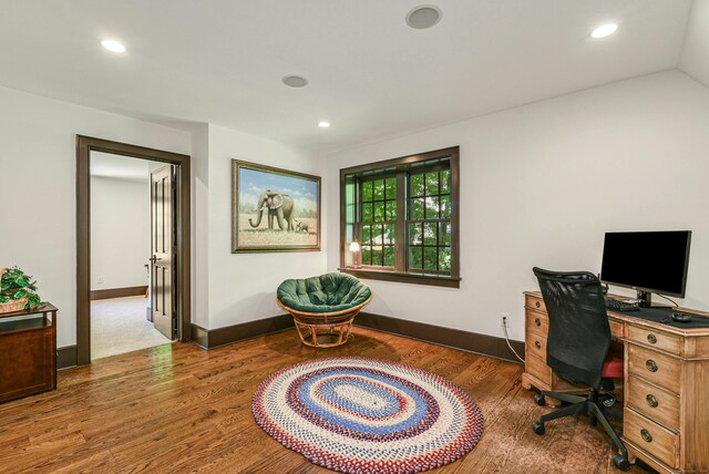 home office featuring dark wood-type flooring