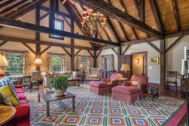 living room featuring vaulted ceiling with beams and wood ceiling