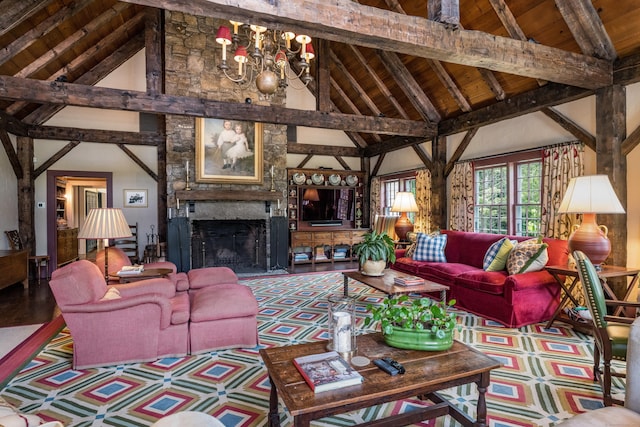 living room with an inviting chandelier, lofted ceiling with beams, and wooden ceiling