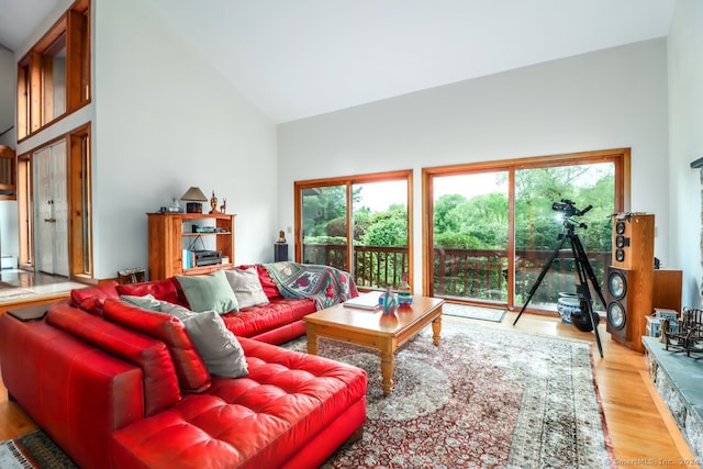 living room with hardwood / wood-style floors and high vaulted ceiling