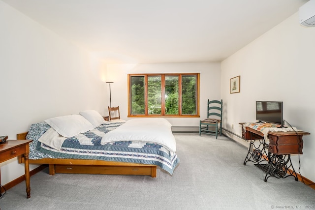 carpeted bedroom with an AC wall unit