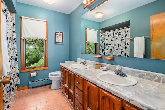 bathroom featuring tile patterned flooring, vanity, toilet, and baseboard heating