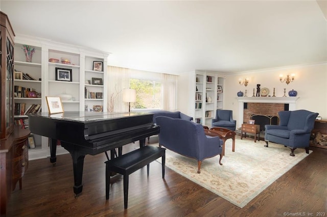 6 Juniper Ledge Ln, Salisbury, CT 06039 - sitting room featuring a brick fireplace, dark wood-style flooring, and ornamental molding
