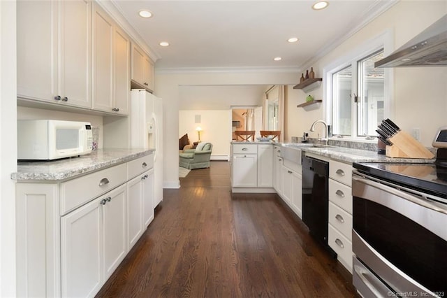 6 Juniper Ledge Ln, Salisbury, CT 06039 - kitchen featuring white appliances, wall chimney exhaust hood, crown molding, light stone counters, and dark wood-style floors