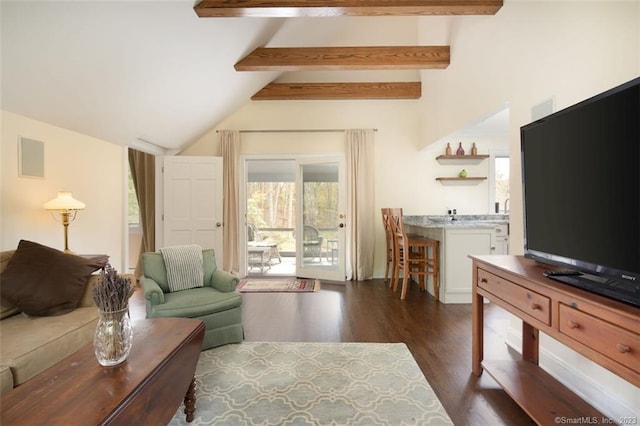 living room with dark hardwood / wood-style floors and vaulted ceiling with beams