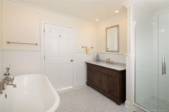 bathroom with tile flooring, vanity, plus walk in shower, and crown molding