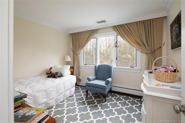 bedroom featuring crown molding and a baseboard radiator