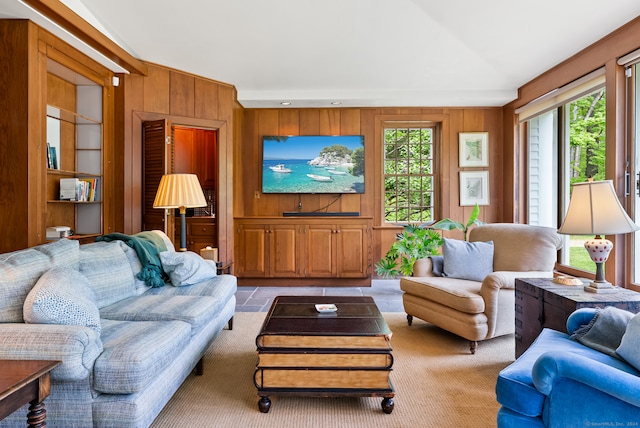 living room with wood walls