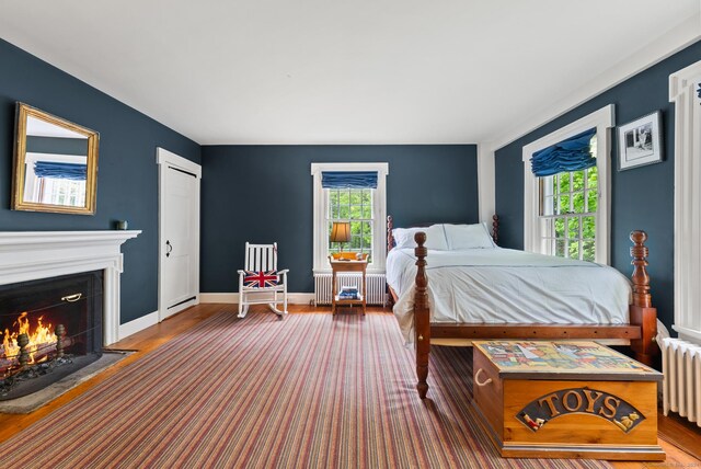 bedroom featuring radiator, multiple windows, and dark hardwood / wood-style flooring