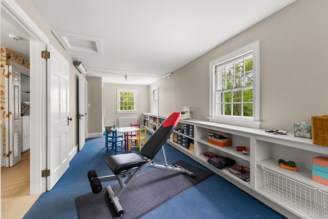 workout area featuring carpet floors