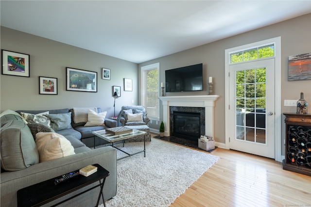 living room featuring light hardwood / wood-style flooring and a fireplace