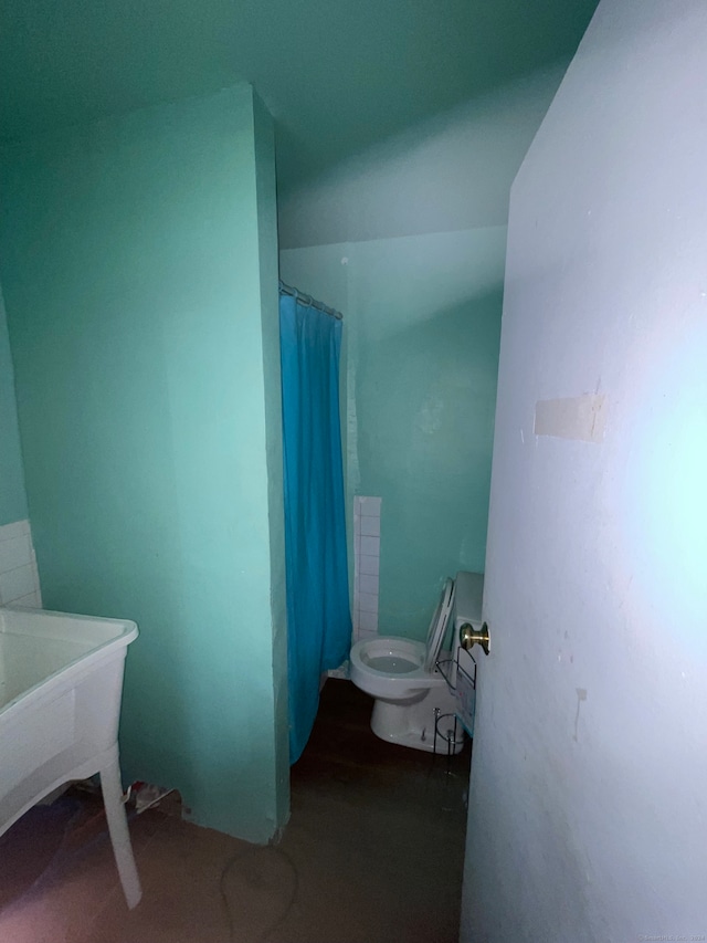 bathroom with lofted ceiling and toilet