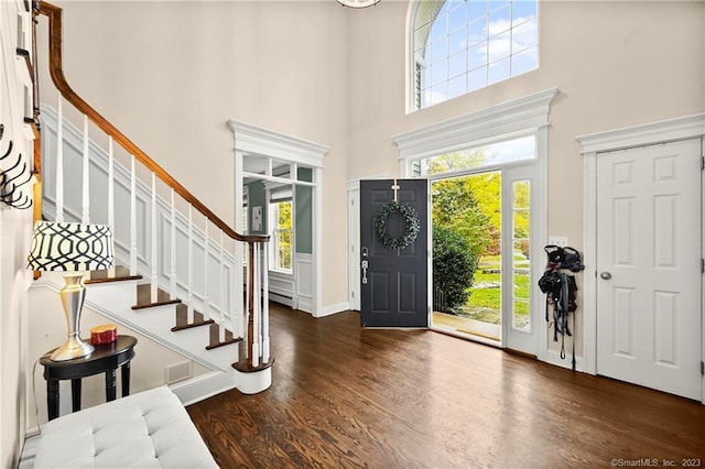 foyer entrance with a healthy amount of sunlight, dark hardwood / wood-style floors, and a high ceiling