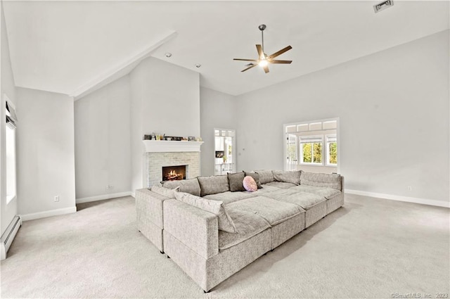 living room featuring light carpet, high vaulted ceiling, and ceiling fan