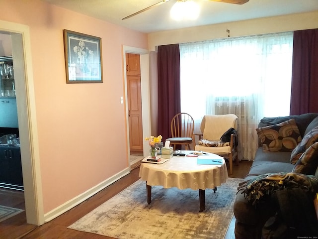 living area featuring a healthy amount of sunlight, wood-type flooring, and ceiling fan