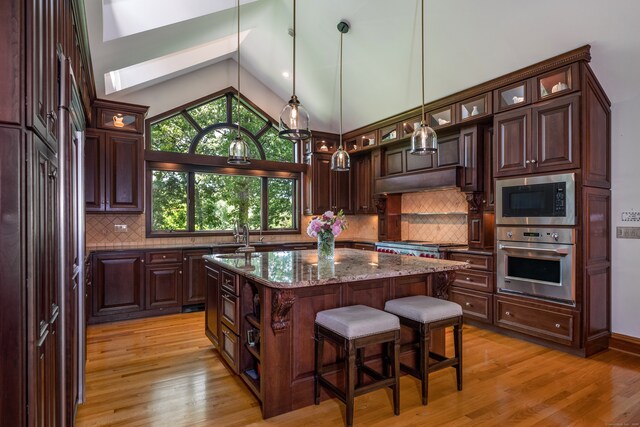 kitchen featuring dark brown cabinets, light hardwood / wood-style flooring, appliances with stainless steel finishes, and a center island