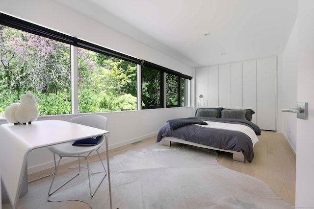 bedroom with multiple windows and light wood-type flooring