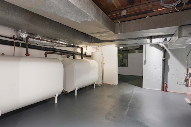 basement featuring electric water heater and electric panel