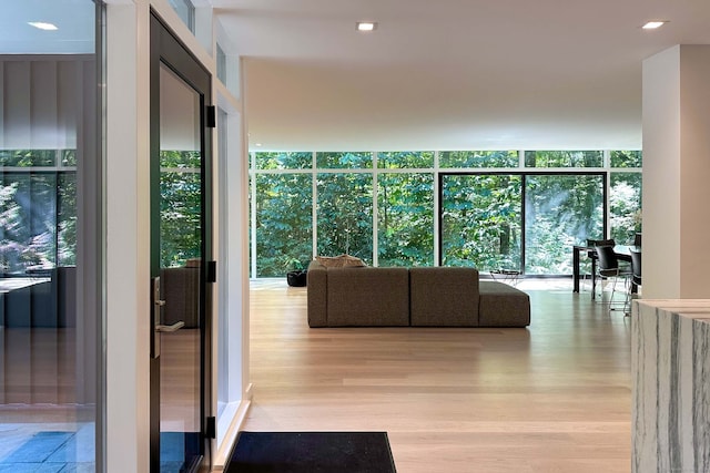 living room featuring light wood-type flooring and a wall of windows