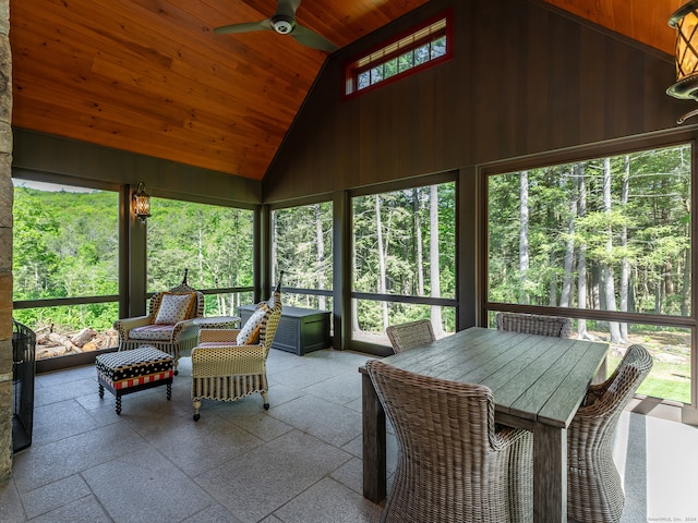 sunroom / solarium with lofted ceiling, ceiling fan, and wood ceiling