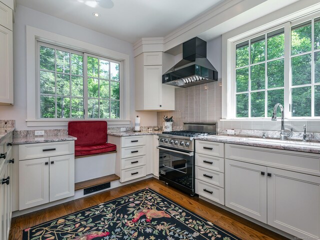 kitchen with white cabinetry, tasteful backsplash, gas stove, dark hardwood / wood-style floors, and custom range hood