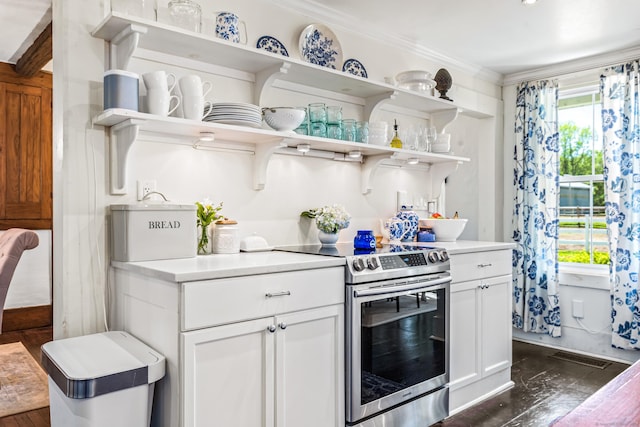402 Perrin Rd, Woodstock, CT 06281 - kitchen featuring stainless steel electric range, open shelves, light countertops, and crown molding