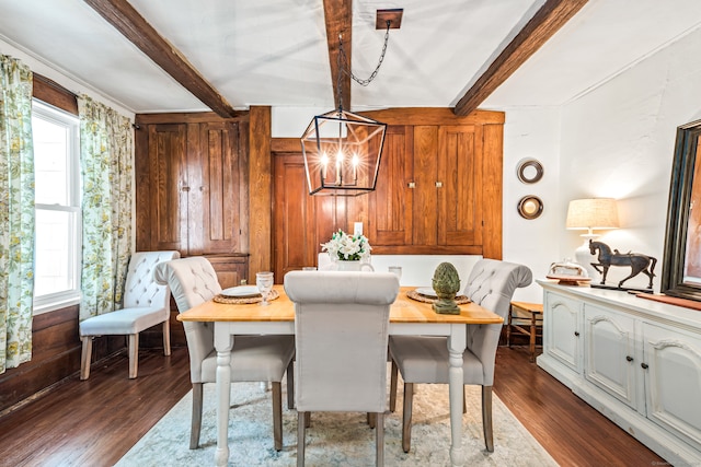 dining area with beamed ceiling, dark hardwood / wood-style floors, wood walls, and a notable chandelier