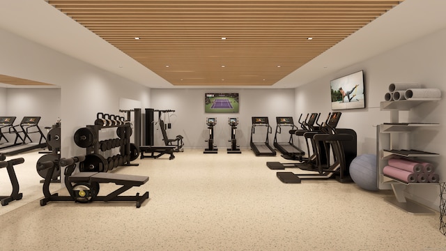 workout area featuring wood ceiling