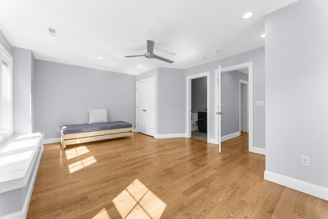 30 Village Xing Unit 30, East Lyme, CT 06357 - unfurnished bedroom featuring light wood-style flooring, recessed lighting, ceiling fan, and a closet