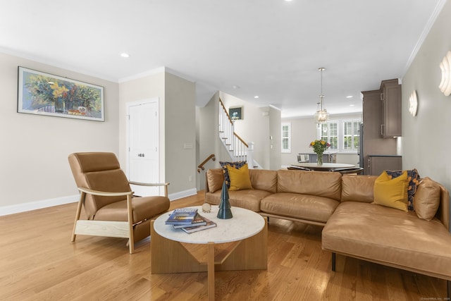 30 Village Xing Unit 30, East Lyme, CT 06357 - living area featuring stairway, ornamental molding, light wood finished floors, and recessed lighting