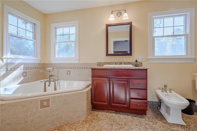 bathroom with vanity, tiled bath, and a bidet