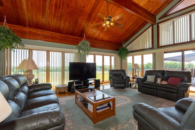 living room featuring beamed ceiling, hardwood / wood-style floors, high vaulted ceiling, wood ceiling, and ceiling fan