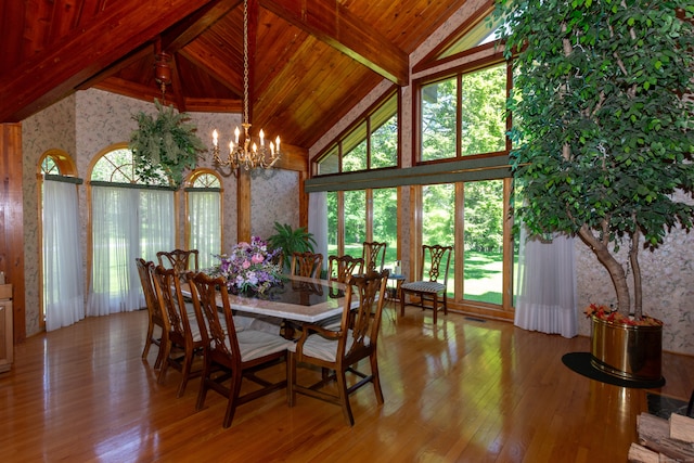 dining area with high vaulted ceiling, wooden ceiling, beam ceiling, and a healthy amount of sunlight