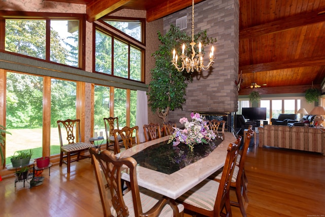 dining space featuring beamed ceiling, wooden ceiling, a healthy amount of sunlight, and hardwood / wood-style floors