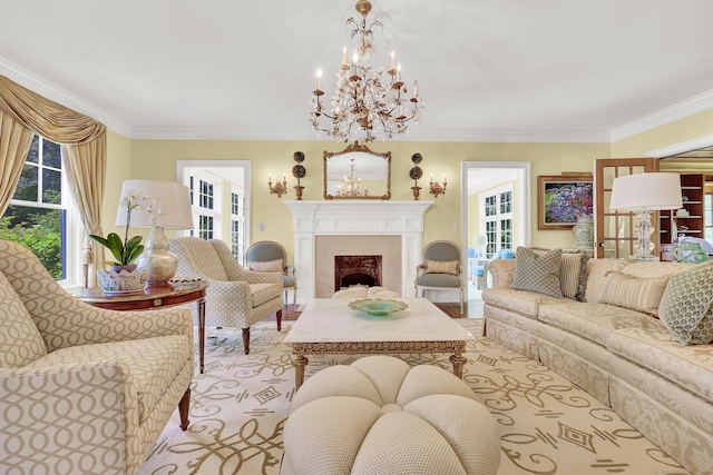 living room featuring crown molding and a chandelier