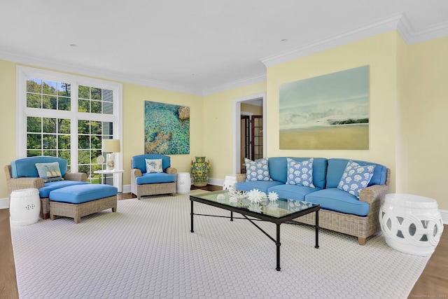 living room with crown molding and wood-type flooring